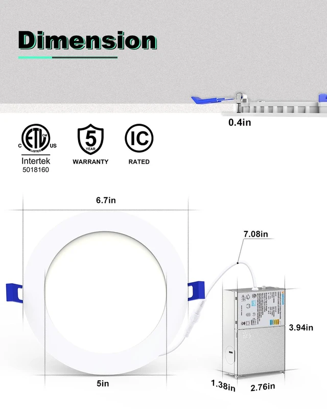 Alt view image 5 of 7 - 12 Pack 6 Inch 5CCT Recessed Light with Night Light, 1080LM Canless LED Recessed Lighting 6 inch,2700K-5000K Selectable,12W=130W, Dimmable Recessed Ceiling Wafer Lighs,ETL Certificated