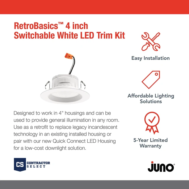 Alt view image 2 of 7 - RetroBasics 4" LED Recessed Lighting 5-in-1 CCT, Matte White, 6-Pack Baffle Trim 4 Inch LED Downlight Trim Kit, Regressed 4" Ceiling Light with 5-in-1 Switchable White Color, 625 Lumens