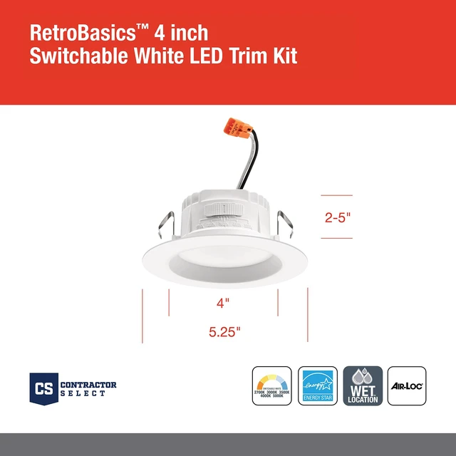 Alt view image 4 of 7 - RetroBasics 4" LED Recessed Lighting 5-in-1 CCT, Matte White, 6-Pack Baffle Trim 4 Inch LED Downlight Trim Kit, Regressed 4" Ceiling Light with 5-in-1 Switchable White Color, 625 Lumens