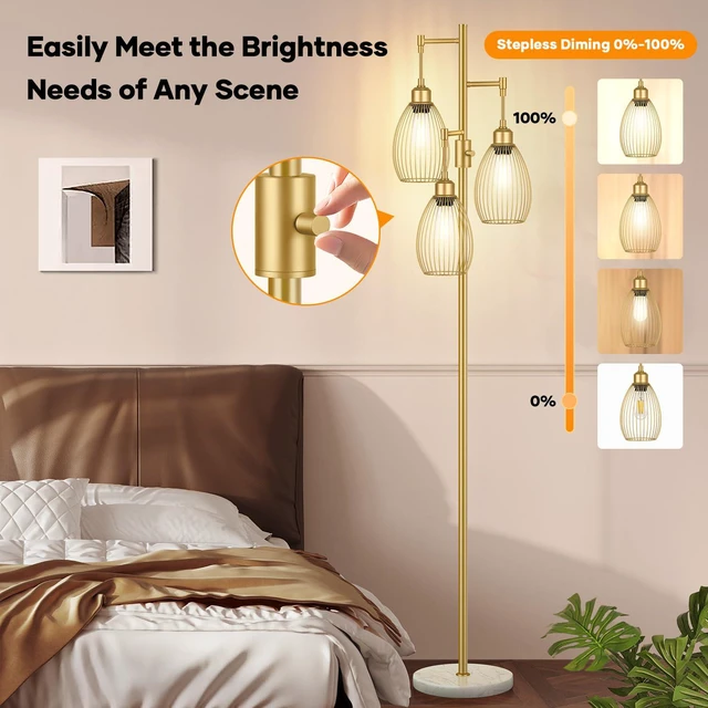 Alt view image 3 of 7 - Dimmable Floor Lamp,3x800LM LED Bulbs Included, Farmhouse Industrial Floor Lamp Standing Tree Lamp with Teardrop Cage Head Tall Lamp for Living Room Bedroom Office Dining Room - Gold & Marble Base