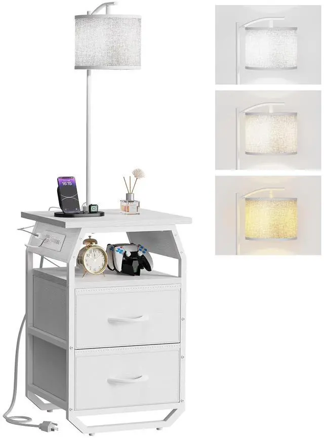 Main image of Floor Lamp with Table, End Table with Light and Charging, White 3-Color Temperature Bulb, Type C USB Ports & Power Outlets, 2 Fabric Drawers, Lamp Table Combo for Living Room Bedroom Dorm