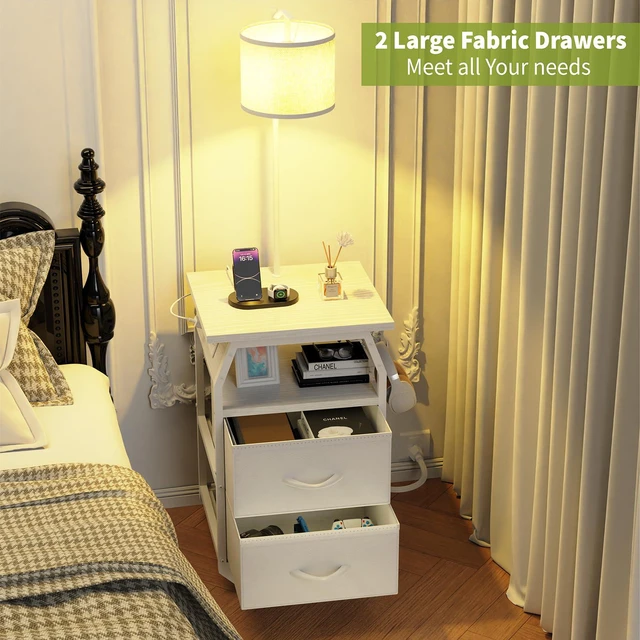 Alt view image 4 of 7 - Floor Lamp with Table, End Table with Light and Charging, White 3-Color Temperature Bulb, Type C USB Ports & Power Outlets, 2 Fabric Drawers, Lamp Table Combo for Living Room Bedroom Dorm