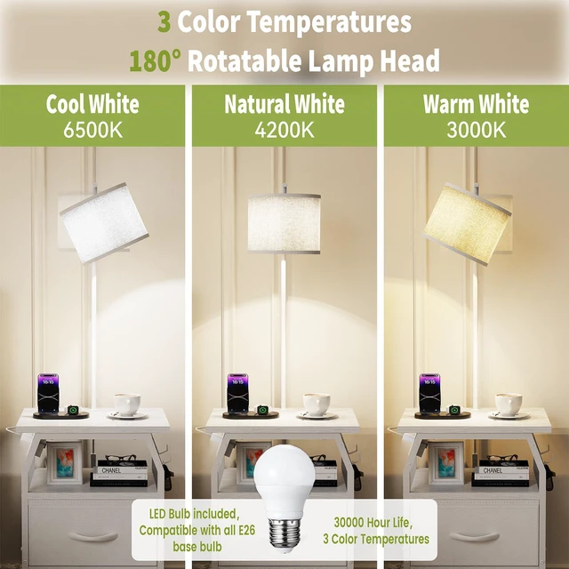 Alt view image 5 of 7 - Floor Lamp with Table, End Table with Light and Charging, White 3-Color Temperature Bulb, Type C USB Ports & Power Outlets, 2 Fabric Drawers, Lamp Table Combo for Living Room Bedroom Dorm