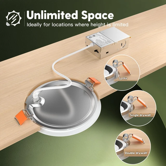 Alt view image 3 of 7 - 12 Pack 6 Inch LED Recessed Light with Junction Box, 5CCT, 1050LM 12W, 2700K-5000K Selectable, 5%-100% Dimmable, 120V, White, Ultra-Thin Canless Wafer Downlight, ETL, FCC, IC & Damp Rated