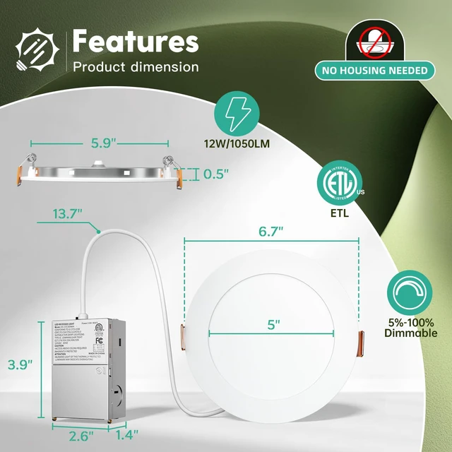 Alt view image 5 of 7 - 12 Pack 6 Inch LED Recessed Light with Junction Box, 5CCT, 1050LM 12W, 2700K-5000K Selectable, 5%-100% Dimmable, 120V, White, Ultra-Thin Canless Wafer Downlight, ETL, FCC, IC & Damp Rated