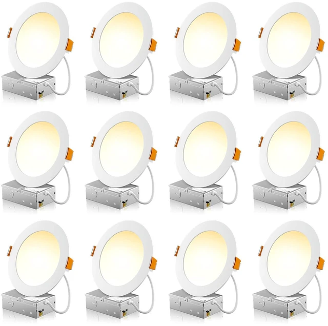 Main image of 12 Pack 6 Inch LED Recessed Light with Junction Box, 5CCT, 1050LM 12W, 2700K-5000K Selectable, 5%-100% Dimmable, 120V, White, Ultra-Thin Canless Wafer Downlight, ETL, FCC, IC & Damp Rated