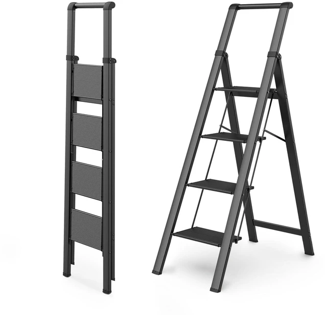 Main image of 4 Step Ladders for Home, 300lbs Load, 37'' Top Step, Black 9ft Reach; For Closets, Kitchens; Anti-Slip Feet Suit Wood, Tile, Carpet; Rigid Aluminum Pedals; Handrail Adds Balance