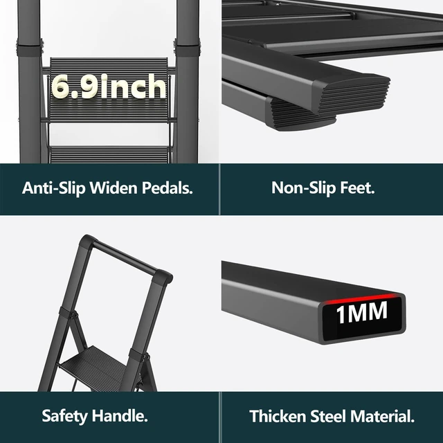 Alt view image 5 of 7 - 4 Step Ladders for Home, 300lbs Load, 37'' Top Step, Black 9ft Reach; For Closets, Kitchens; Anti-Slip Feet Suit Wood, Tile, Carpet; Rigid Aluminum Pedals; Handrail Adds Balance