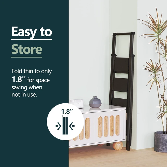 Alt view image 2 of 7 - 4 Step Ladders for Home, 300lbs Load, 37'' Top Step, Black 9ft Reach; For Closets, Kitchens; Anti-Slip Feet Suit Wood, Tile, Carpet; Rigid Aluminum Pedals; Handrail Adds Balance