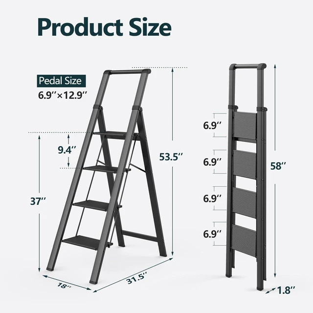 Alt view image 6 of 7 - 4 Step Ladders for Home, 300lbs Load, 37'' Top Step, Black 9ft Reach; For Closets, Kitchens; Anti-Slip Feet Suit Wood, Tile, Carpet; Rigid Aluminum Pedals; Handrail Adds Balance