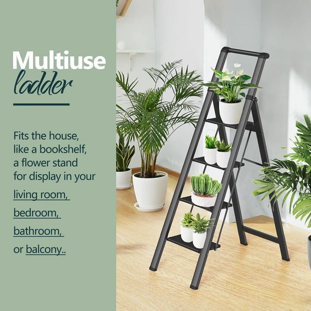 Alt view image 7 of 7 - 4 Step Ladders for Home, 300lbs Load, 37'' Top Step, Black 9ft Reach; For Closets, Kitchens; Anti-Slip Feet Suit Wood, Tile, Carpet; Rigid Aluminum Pedals; Handrail Adds Balance