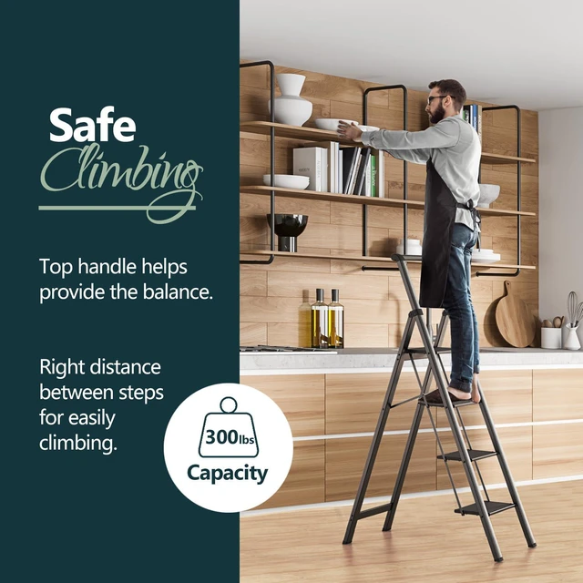 Alt view image 4 of 7 - 4 Step Ladders for Home, 300lbs Load, 37'' Top Step, Black 9ft Reach; For Closets, Kitchens; Anti-Slip Feet Suit Wood, Tile, Carpet; Rigid Aluminum Pedals; Handrail Adds Balance