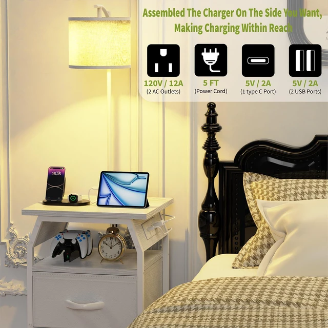 Alt view image 6 of 7 - Floor Lamp with Table, End Table with Light and Charging, White 3-Color Temperature Bulb, Type C USB Ports & Power Outlets, 2 Fabric Drawers, Lamp Table Combo for Living Room Bedroom Dorm