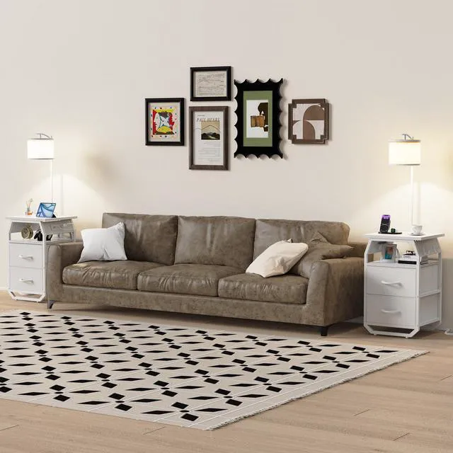 Alt view image 7 of 7 - Floor Lamp with Table, End Table with Light and Charging, White 3-Color Temperature Bulb, Type C USB Ports & Power Outlets, 2 Fabric Drawers, Lamp Table Combo for Living Room Bedroom Dorm