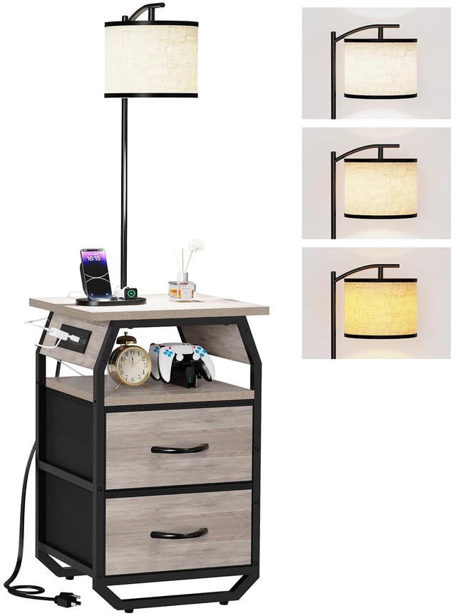 Main image of Floor Lamp with Table, End Table with Light and Charging, Greige 3-Color Temperature Bulb, Type C USB Ports & Power Outlets, 2 Fabric Drawers, Lamp Table Combo for Living Room Bedroom Dorm
