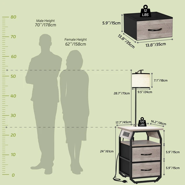 Alt view image 3 of 7 - Floor Lamp with Table, End Table with Light and Charging, Greige 3-Color Temperature Bulb, Type C USB Ports & Power Outlets, 2 Fabric Drawers, Lamp Table Combo for Living Room Bedroom Dorm