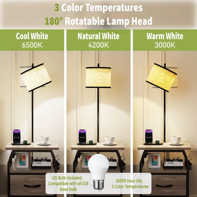 Alt view image 5 of 7 - Floor Lamp with Table, End Table with Light and Charging, Greige 3-Color Temperature Bulb, Type C USB Ports & Power Outlets, 2 Fabric Drawers, Lamp Table Combo for Living Room Bedroom Dorm