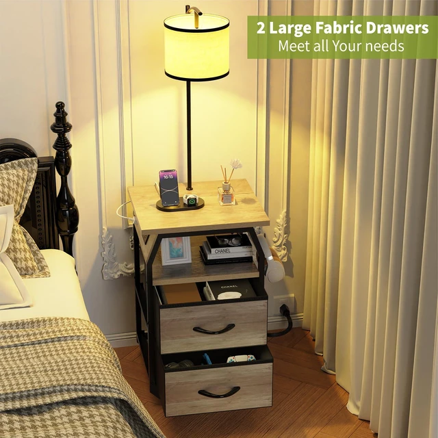 Alt view image 4 of 7 - Floor Lamp with Table, End Table with Light and Charging, Greige 3-Color Temperature Bulb, Type C USB Ports & Power Outlets, 2 Fabric Drawers, Lamp Table Combo for Living Room Bedroom Dorm