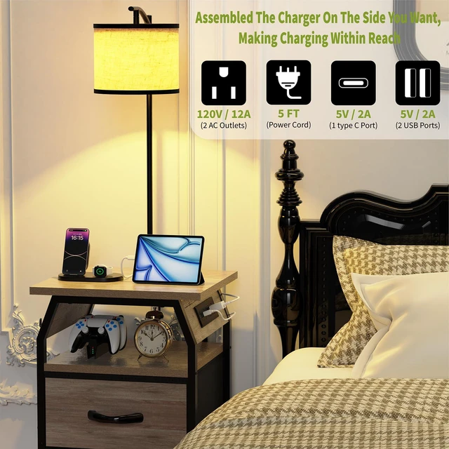 Alt view image 6 of 7 - Floor Lamp with Table, End Table with Light and Charging, Greige 3-Color Temperature Bulb, Type C USB Ports & Power Outlets, 2 Fabric Drawers, Lamp Table Combo for Living Room Bedroom Dorm
