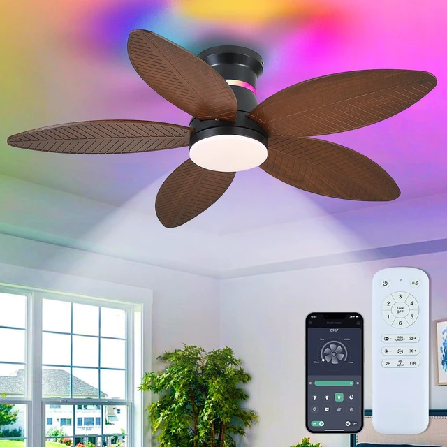 Main image of 46" Ceiling Fans with RGB Lights - Flush Mount Ceiling Fan Light with LED 3CCT Dimmable, Tropical Palm Leaf Ceiling Fans for Indoor Party,Covered Outdoor Brown