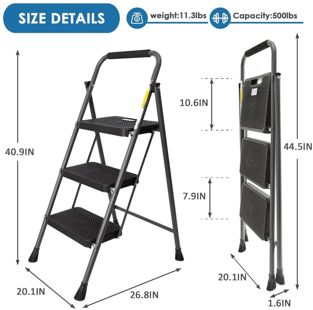 Alt view image 5 of 7 - 3 Step Ladder,Step Stools for Adults, 500lbs Capacity Step Stool Foldable, Steel Ladder for Household and Office, Grey