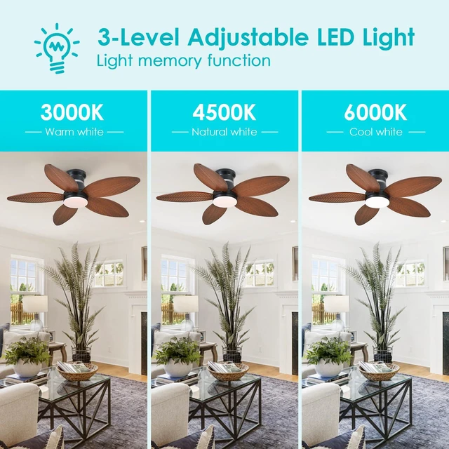Alt view image 2 of 7 - 46" Ceiling Fans with RGB Lights - Flush Mount Ceiling Fan Light with LED 3CCT Dimmable, Tropical Palm Leaf Ceiling Fans for Indoor Party,Covered Outdoor Brown