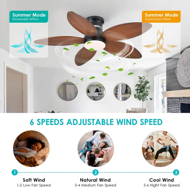 Alt view image 4 of 7 - 46" Ceiling Fans with RGB Lights - Flush Mount Ceiling Fan Light with LED 3CCT Dimmable, Tropical Palm Leaf Ceiling Fans for Indoor Party,Covered Outdoor Brown