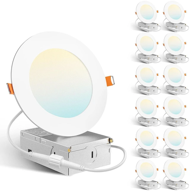 Main image of 12 Pack 4 Inch Ultra-Thin LED Recessed Ceiling Light, 5CCT, 800LM 5%-100% Dimmable, 2700K-5000K, No Flicker & Noise, Canless Wafer Downlight with Junction Box, 10W Eqv 60W, IC/ETL/FCC, White