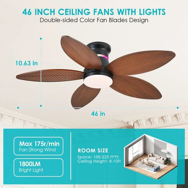 Alt view image 5 of 7 - 46" Ceiling Fans with RGB Lights - Flush Mount Ceiling Fan Light with LED 3CCT Dimmable, Tropical Palm Leaf Ceiling Fans for Indoor Party,Covered Outdoor Brown