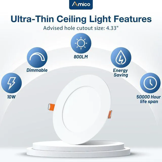Alt view image 3 of 7 - 12 Pack 4 Inch Ultra-Thin LED Recessed Ceiling Light, 5CCT, 800LM 5%-100% Dimmable, 2700K-5000K, No Flicker & Noise, Canless Wafer Downlight with Junction Box, 10W Eqv 60W, IC/ETL/FCC, White