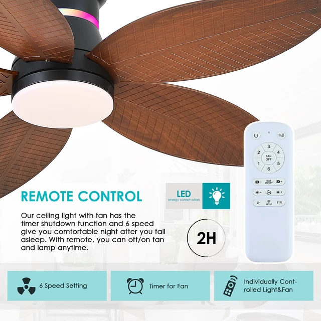 Alt view image 7 of 7 - 46" Ceiling Fans with RGB Lights - Flush Mount Ceiling Fan Light with LED 3CCT Dimmable, Tropical Palm Leaf Ceiling Fans for Indoor Party,Covered Outdoor Brown