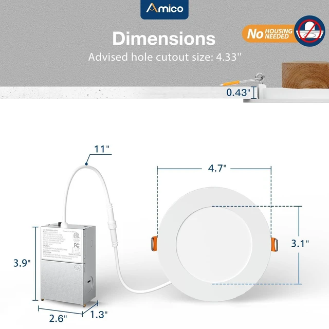 Alt view image 5 of 7 - 12 Pack 4 Inch Ultra-Thin LED Recessed Ceiling Light, 5CCT, 800LM 5%-100% Dimmable, 2700K-5000K, No Flicker & Noise, Canless Wafer Downlight with Junction Box, 10W Eqv 60W, IC/ETL/FCC, White