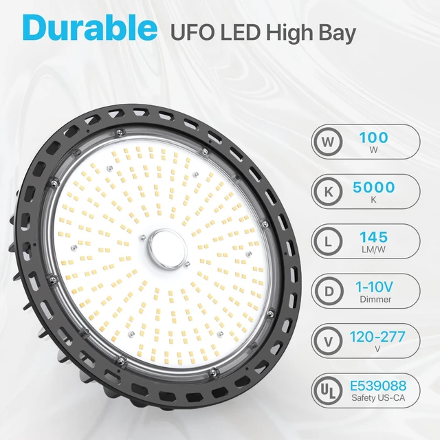 Alt view image 2 of 7 - High Bay Led Lights 100W 14,500LM (145lm/w) 5000K 1-10V Dimmable 5' Cable with 110V Plug US Hook UL Listed High Bay Led Shop Light for Barn Workshop Warehouse