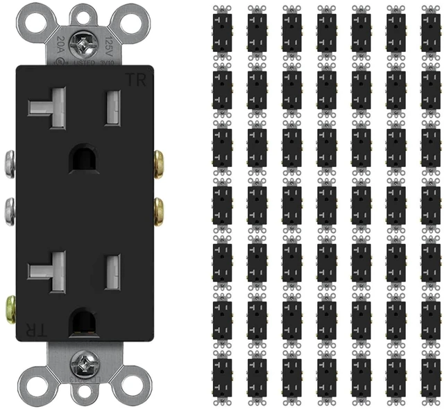 Main image of Decorator Receptacle Outlet, Standard Electrical Wall Tamper Resistant Decorative Receptacle, 20Amp 125 Volt, Grounding UL Listed (50Pack, Black, 20 Amp Outlet)
