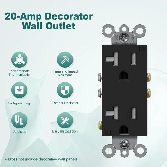 Alt view image 2 of 7 - Decorator Receptacle Outlet, Standard Electrical Wall Tamper Resistant Decorative Receptacle, 20Amp 125 Volt, Grounding UL Listed (50Pack, Black, 20 Amp Outlet)