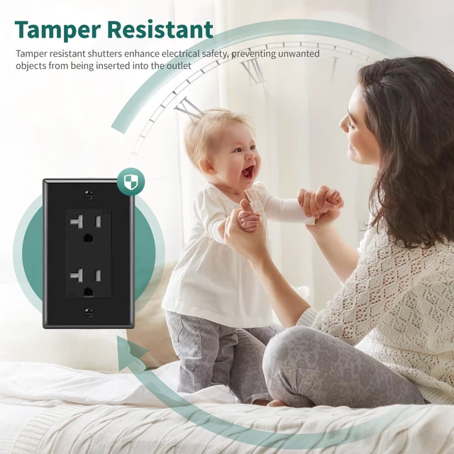 Alt view image 4 of 7 - Decorator Receptacle Outlet, Standard Electrical Wall Tamper Resistant Decorative Receptacle, 20Amp 125 Volt, Grounding UL Listed (50Pack, Black, 20 Amp Outlet)