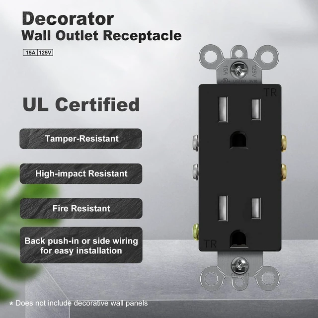 Alt view image 2 of 7 - Decorator Receptacle Outlet, Standard Electrical Wall Tamper Resistant Decorative Receptacle Outlet, 15 Amp 125 Volt, Grounding UL Listed (50Pack, Black, 15 Amp Outlet)