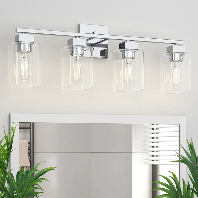Main image of 4 Light Bathroom Vanity Light - Chrome Bathroom Light Fixtures Square Design & UL Certification, 26 inch Square Bath Room Lights Over Mirror, Vanity Lighting Fixtures for Living Room & Bedroom