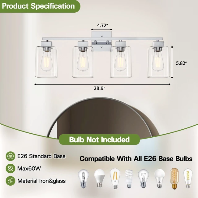 Alt view image 3 of 7 - 4 Light Bathroom Vanity Light - Chrome Bathroom Light Fixtures Square Design & UL Certification, 26 inch Square Bath Room Lights Over Mirror, Vanity Lighting Fixtures for Living Room & Bedroom