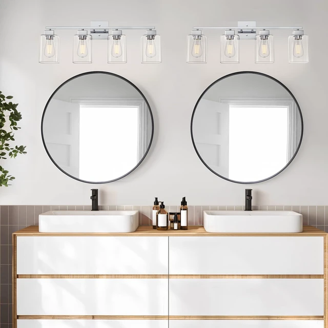Alt view image 4 of 7 - 4 Light Bathroom Vanity Light - Chrome Bathroom Light Fixtures Square Design & UL Certification, 26 inch Square Bath Room Lights Over Mirror, Vanity Lighting Fixtures for Living Room & Bedroom