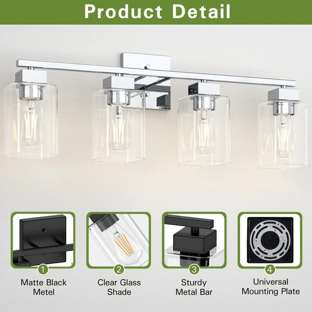 Alt view image 6 of 7 - 4 Light Bathroom Vanity Light - Chrome Bathroom Light Fixtures Square Design & UL Certification, 26 inch Square Bath Room Lights Over Mirror, Vanity Lighting Fixtures for Living Room & Bedroom