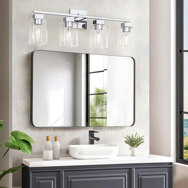 Alt view image 7 of 7 - 4 Light Bathroom Vanity Light - Chrome Bathroom Light Fixtures Square Design & UL Certification, 26 inch Square Bath Room Lights Over Mirror, Vanity Lighting Fixtures for Living Room & Bedroom