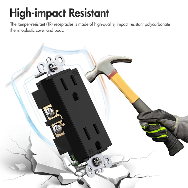 Alt view image 4 of 7 - Decorator Receptacle Outlet, Standard Electrical Wall Tamper Resistant Decorative Receptacle Outlet, 15 Amp 125 Volt, Grounding UL Listed (50Pack, Black, 15 Amp Outlet)