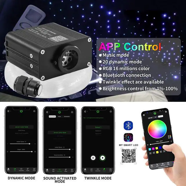 Alt view image 3 of 6 - Twinkle Starlight Headliner Kit Mixed 450pcs 13.1ft/4m 16W Small Size Fiber Optic Star Lights for Car Interior Roof Use, Music Sync Mode, Starry Night Effect, App/ Remote Control