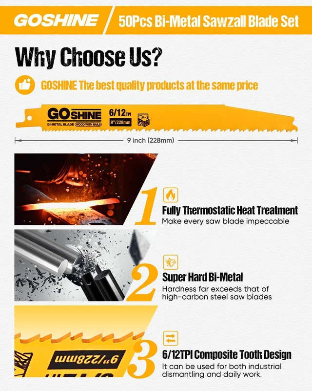 Alt view image 2 of 7 - 50 Pack 9" 6/12 TPI Bi-Metal Demolition Reciprocating Saw Blades for Wood with Nails, Nail-Embedded Wood, Pallets,PVC,Cuts Thick Metal from 3/16" to 1/2", Compatible with Dewalt Sawzall Blades