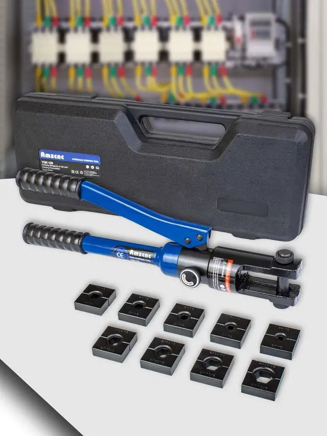 Main image of 12 Ton Hydraulic Crimping Tool with 9 Standard American Dies, Crimps 8AWG to 4/0 AWG, Hardened Steel Construction with Oxidized Surface for Durability(Standard US 8AWG to 4/0AWG)