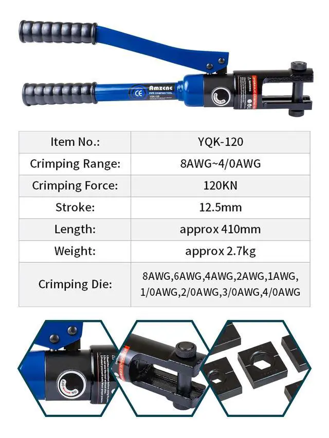 Alt view image 2 of 6 - 12 Ton Hydraulic Crimping Tool with 9 Standard American Dies, Crimps 8AWG to 4/0 AWG, Hardened Steel Construction with Oxidized Surface for Durability(Standard US 8AWG to 4/0AWG)