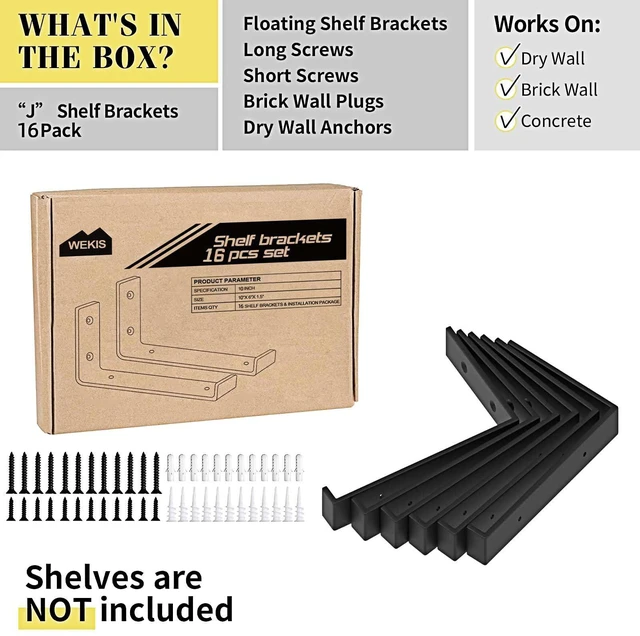 Alt view image 2 of 7 - Shelf Bracket, Heavy Duty Floating Shelf Brackets 10-Inch Long, 16-Pack Brackets for Shelves, Black Coated J Shape Metal Wall Shelf Support Brackets with 1/5-Inch Thick and 160 lb. Load Capacity