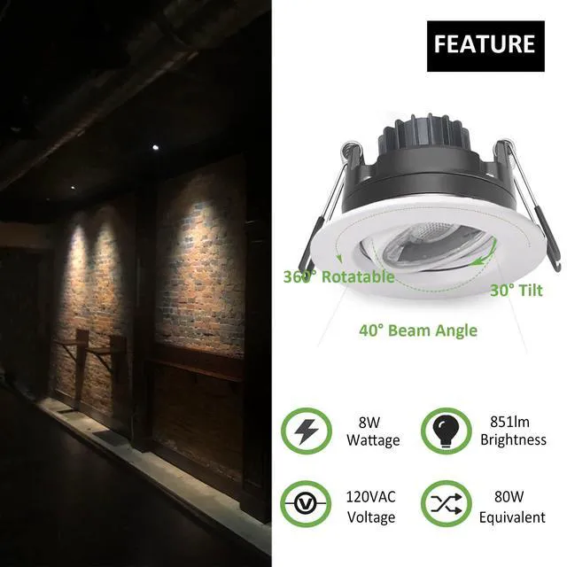 Alt view image 3 of 7 - 3 Inch Gimbal LED Recessed Lights 6 Pack,Adjustable Downlight, White 360°Rotatable,Die-cast Aluminum,8W 851LM,Premium Canless Spotlight,5CCT 2700K-5000K,5-100% Dimmable,30°Tilt,ETL,IC Rated