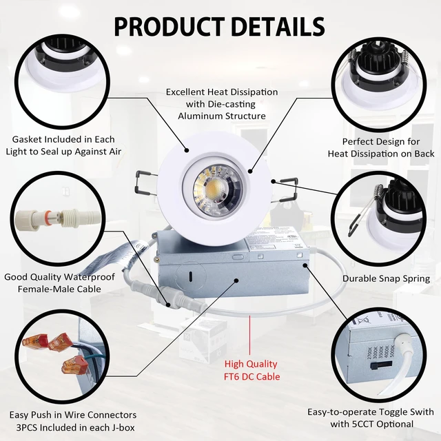 Alt view image 4 of 7 - 3 Inch Gimbal LED Recessed Lights 6 Pack,Adjustable Downlight, White 360°Rotatable,Die-cast Aluminum,8W 851LM,Premium Canless Spotlight,5CCT 2700K-5000K,5-100% Dimmable,30°Tilt,ETL,IC Rated